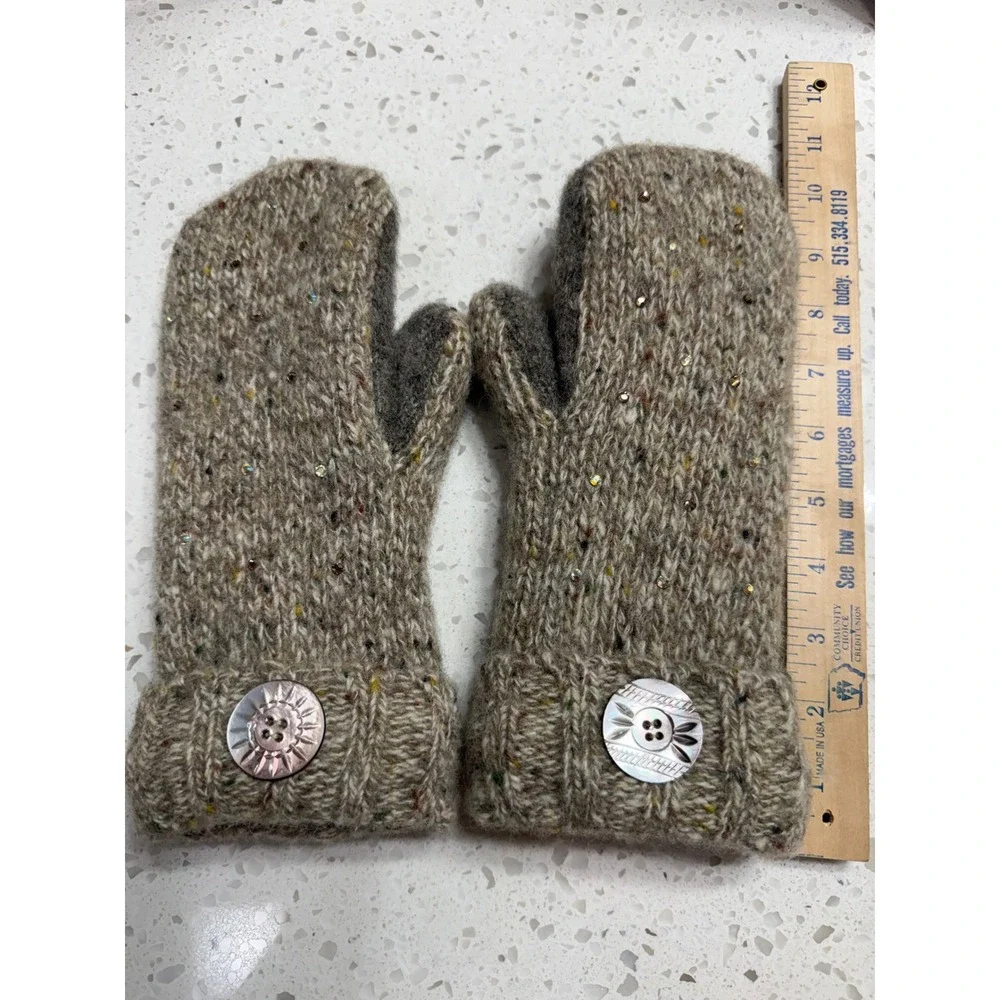 Knit Wool Mittens Beige Bling Sequin Fleece Lined Cute warm Cozy Gorpcore OS
